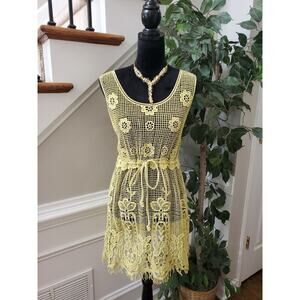 Ryu Sheer Yellow Floral Polyester Round Neck Sleeveless Knee Length Dress Size L